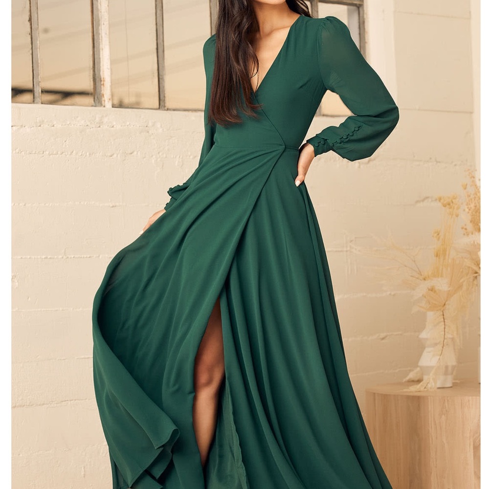 Lulus My Whole Heart Emerald Green Long Sleeve Wrap Dress